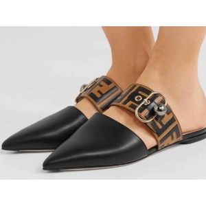 FENDI Sabot Mules FF Logo Vitello Fuoco Maya Black Calf Leather 39